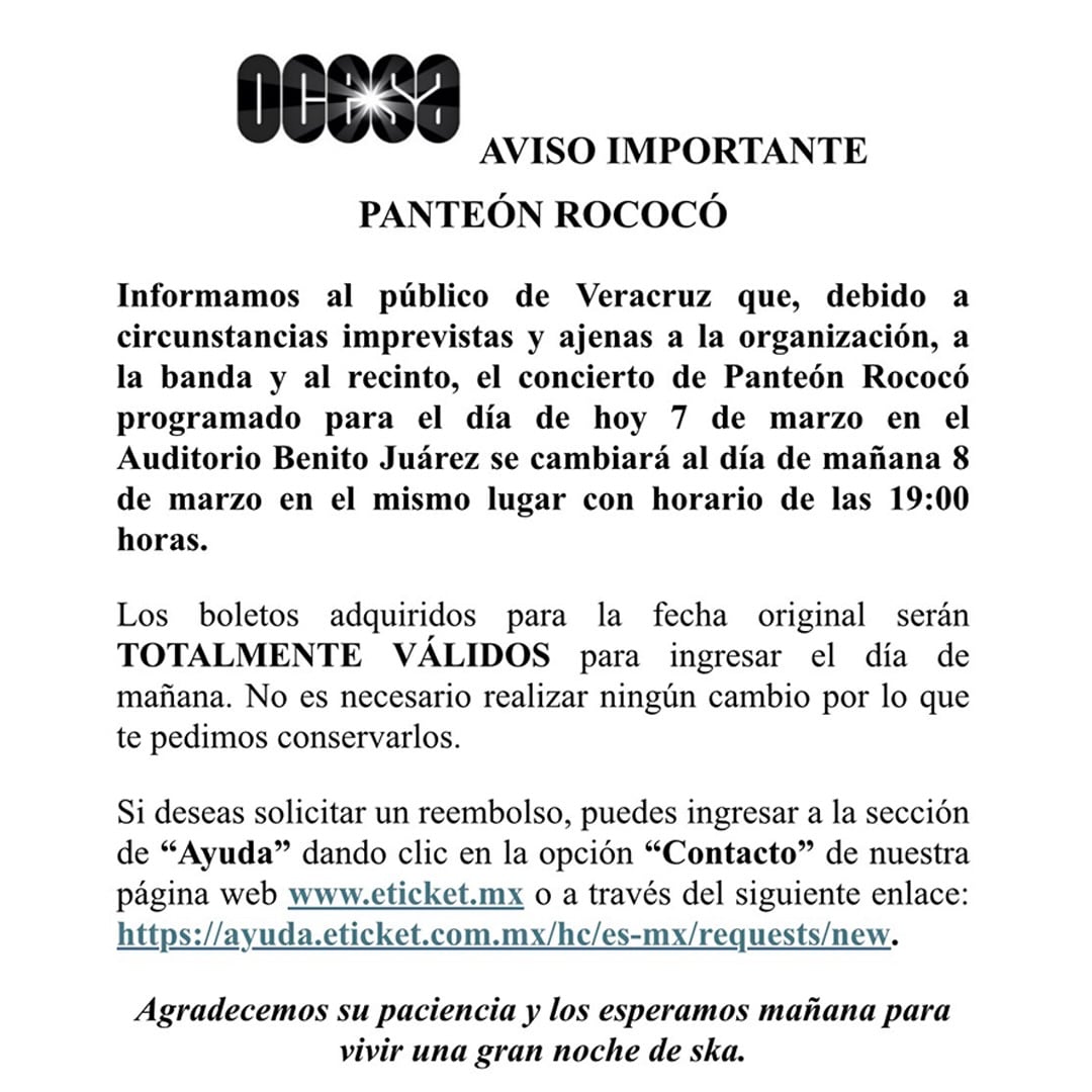 Panteón Rococó no se presentará este sábado 7 de marzo en Veracruz
