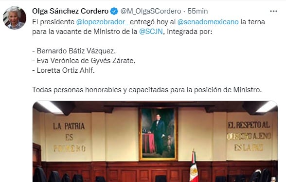 Olga Sánchez Cordero, tuit