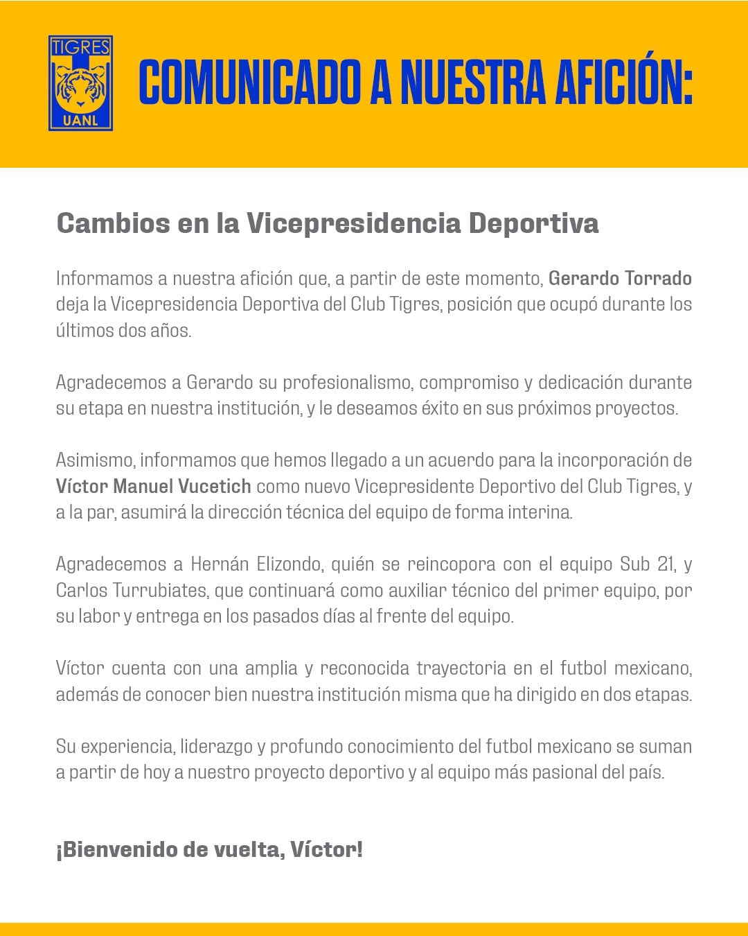 ¡Cambio en Tigres! Víctor Manuel Vucetich reemplaza a Gerardo Torrado y será DT interino