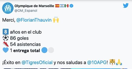 El Olympique de Marsella deseó éxito a Thauvin en Tigres