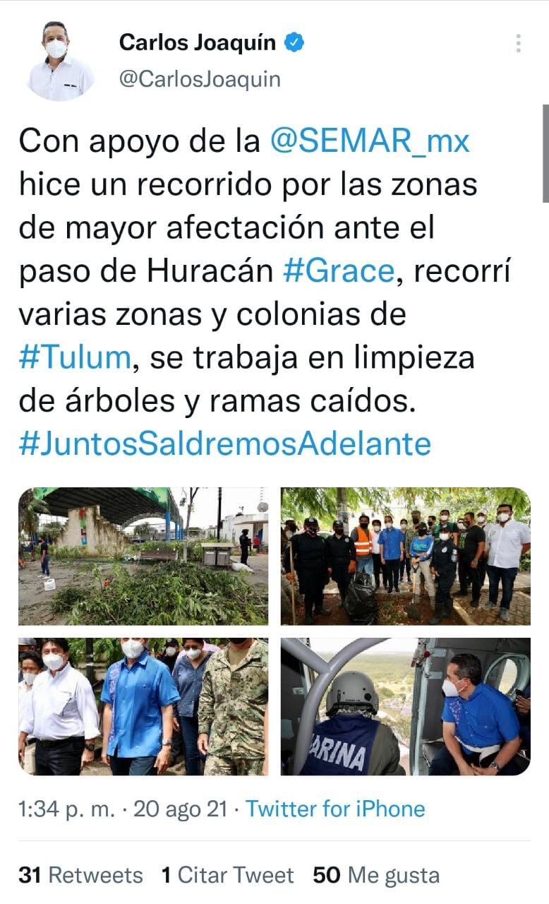Publicación de Twitter Carlos Joaquín
