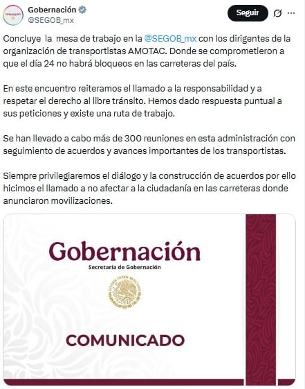 Segob informa que transportistas de AMOTAC no realizarán bloqueos en carreteras.