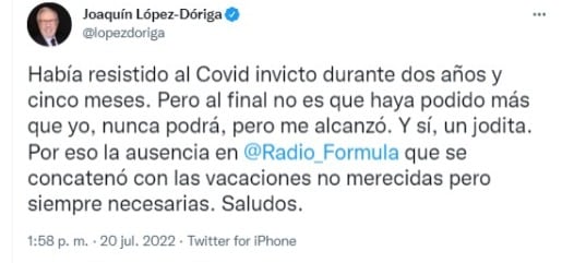 Joaquín López-Dóriga tiene Covid-19