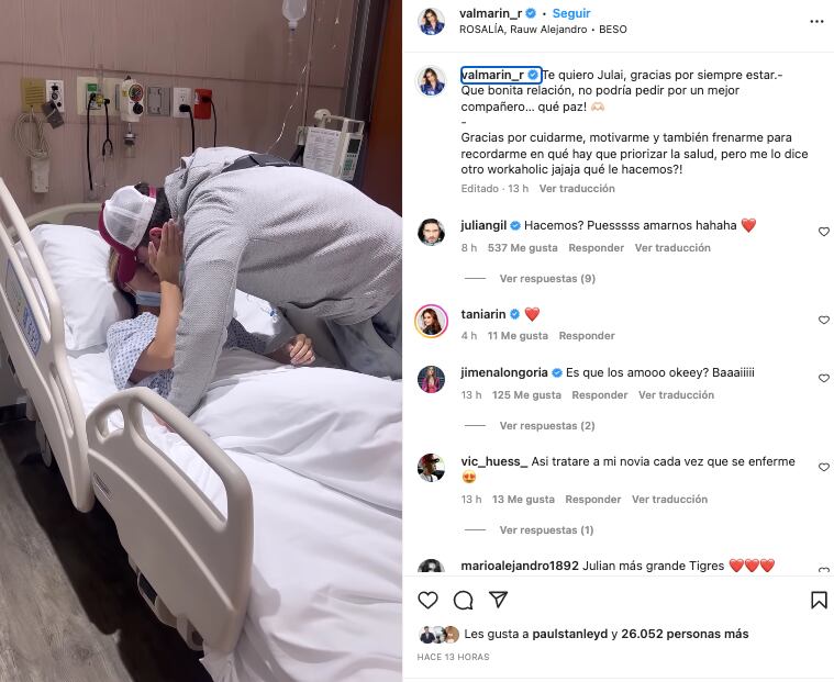 Valeria Marín agradece a Julián Gil sus cuidados
