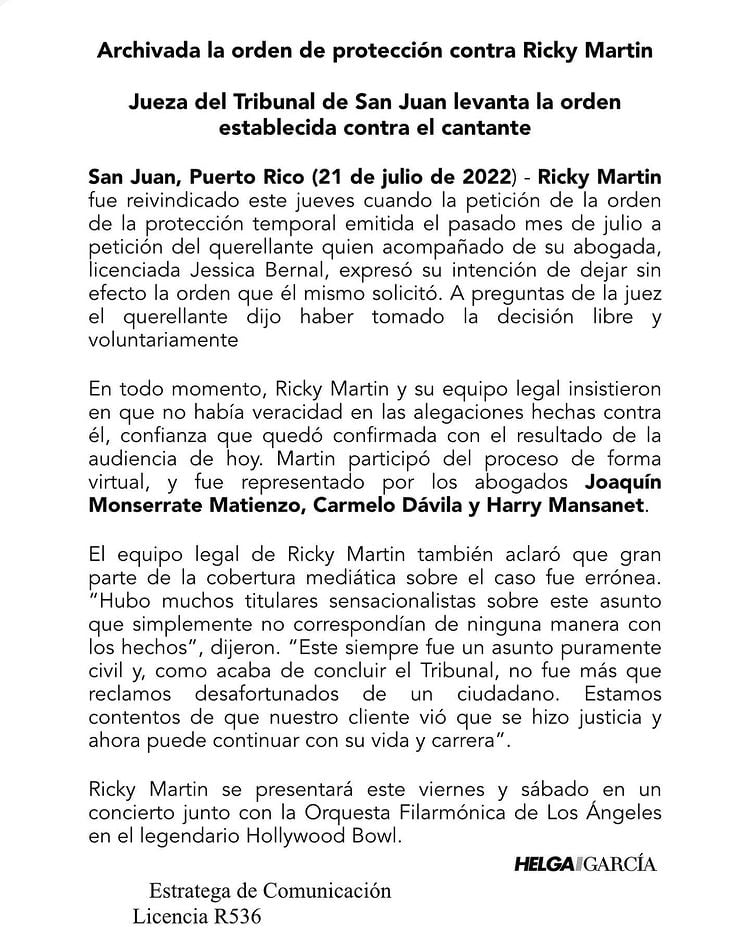 Ricky Martin sobre denuncia ganada a su sobrino.