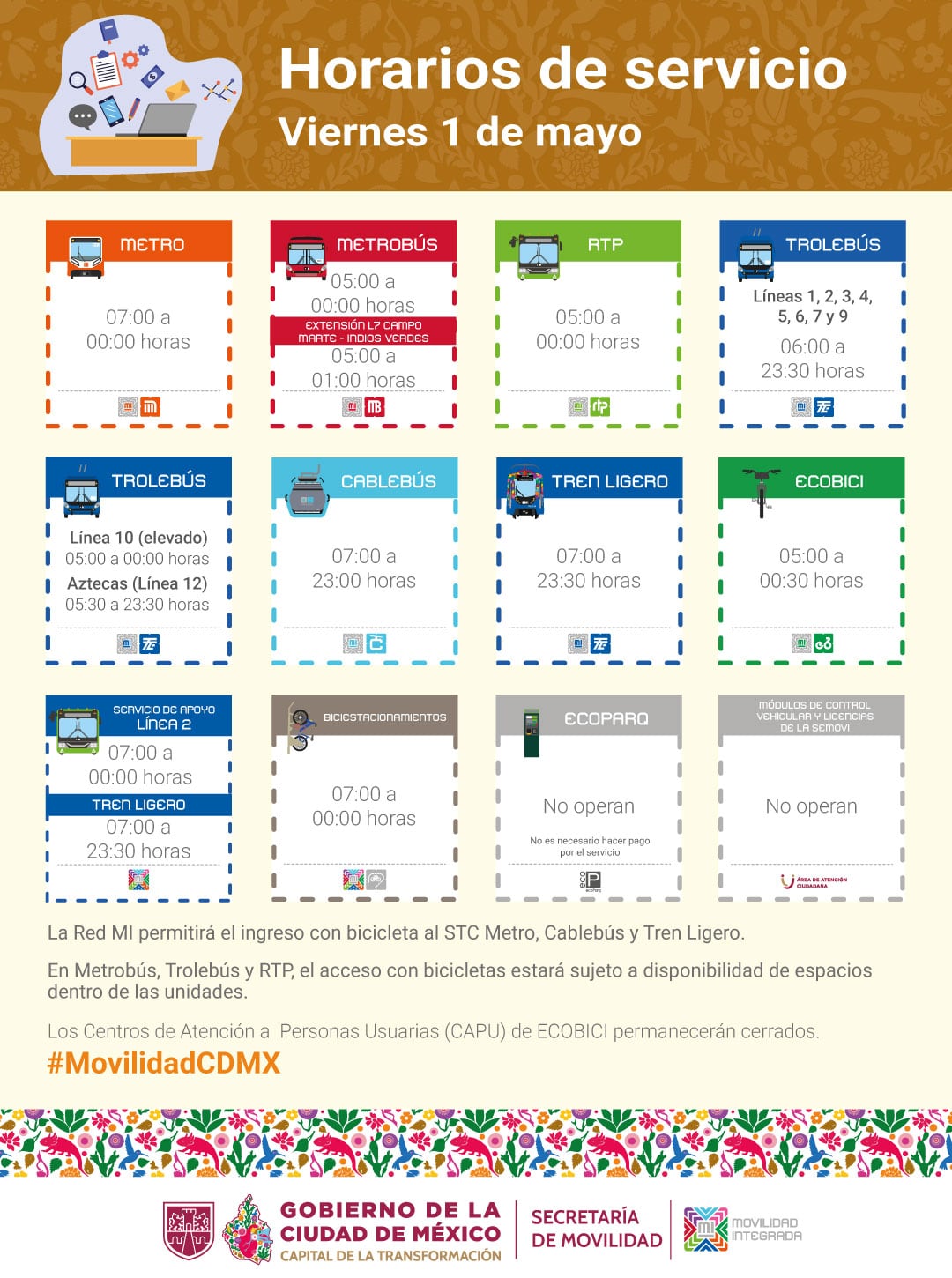 Semovi anuncia horarios del Metro CDMX y Metrobús para el 1 de mayo