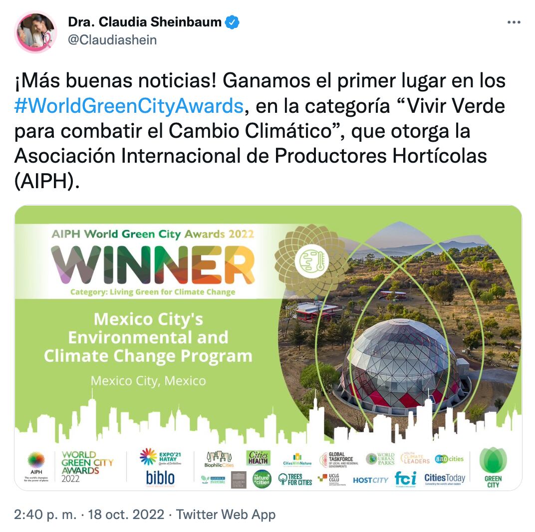 Claudia Sheinbaum celebra que CDMX ganó el primer lugar en los World Green City Awards 2022