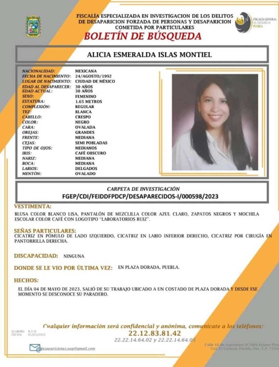 Solicitan ayuda para localizar a Alicia Esmeralda Islas Montiel, desaparecida en Puebla.