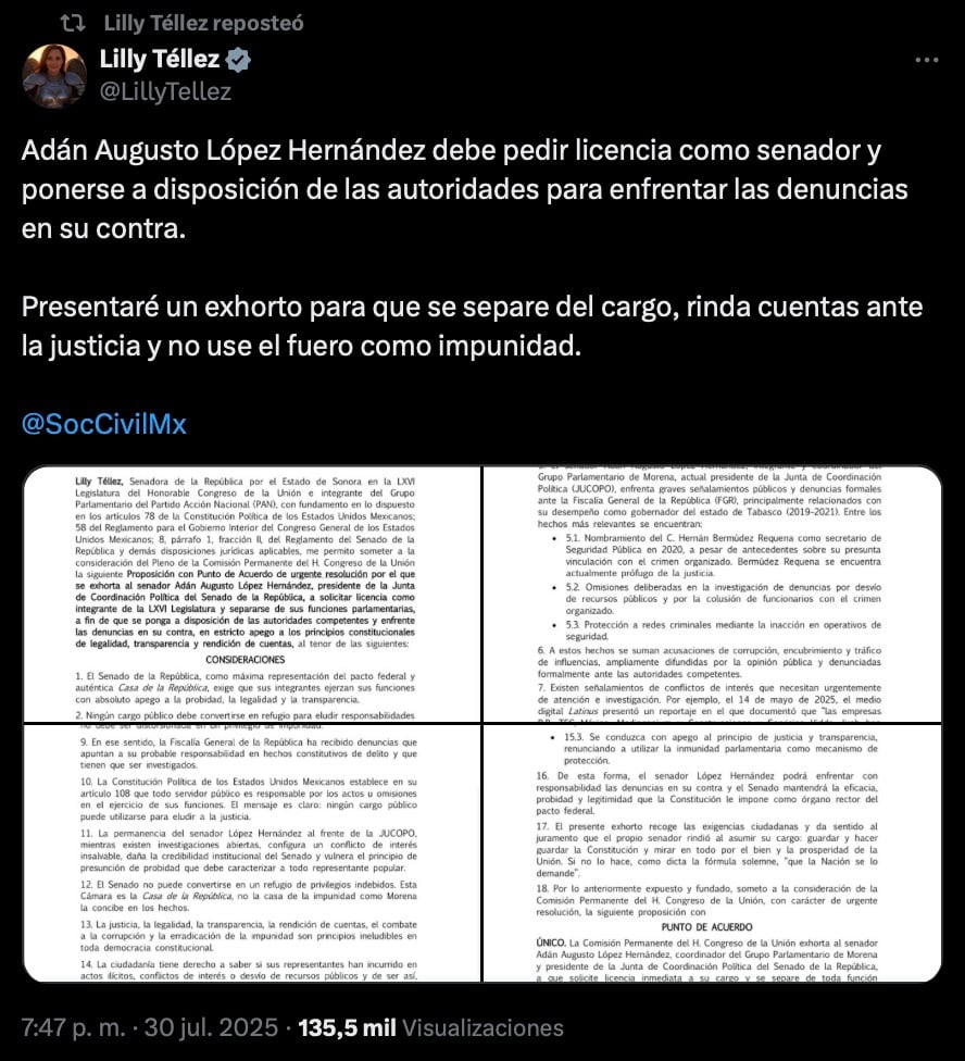 Lilly Téllez presenta exhorto para que Adán Augusto López solicite licencia a la Cámara de Senadores