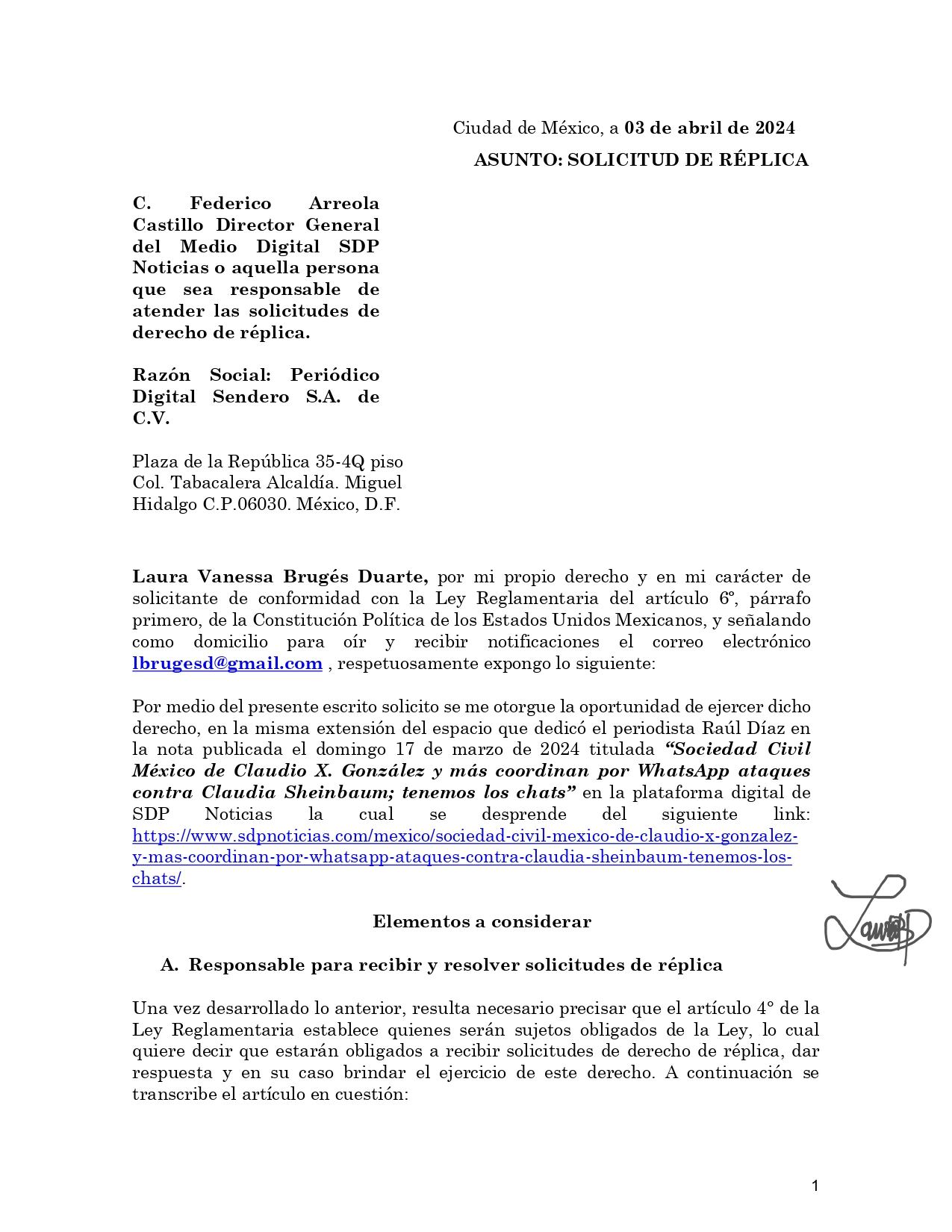 Laura Brugés solicitud de réplica