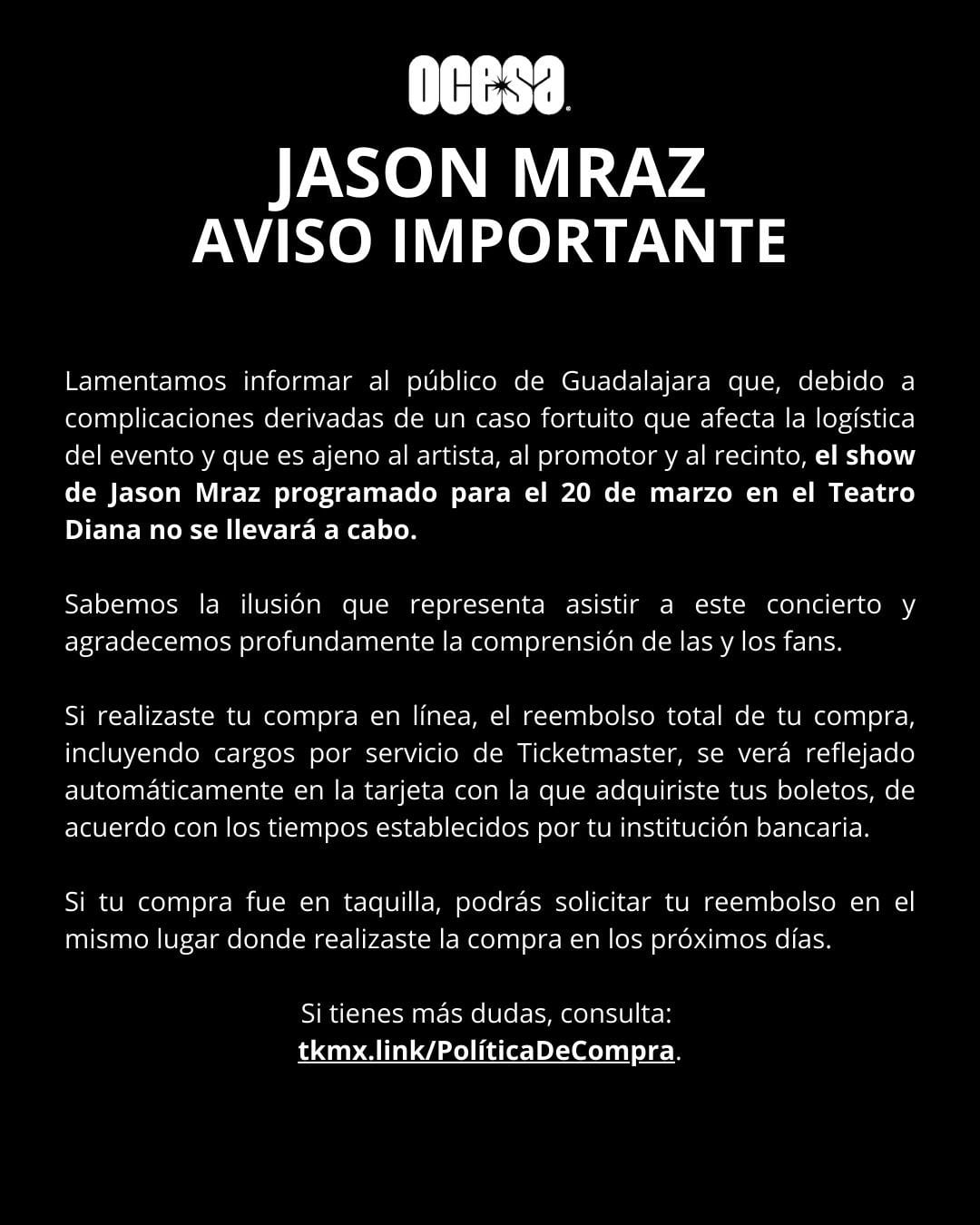 Comunicado OCESA por concierto de Jason Mraz