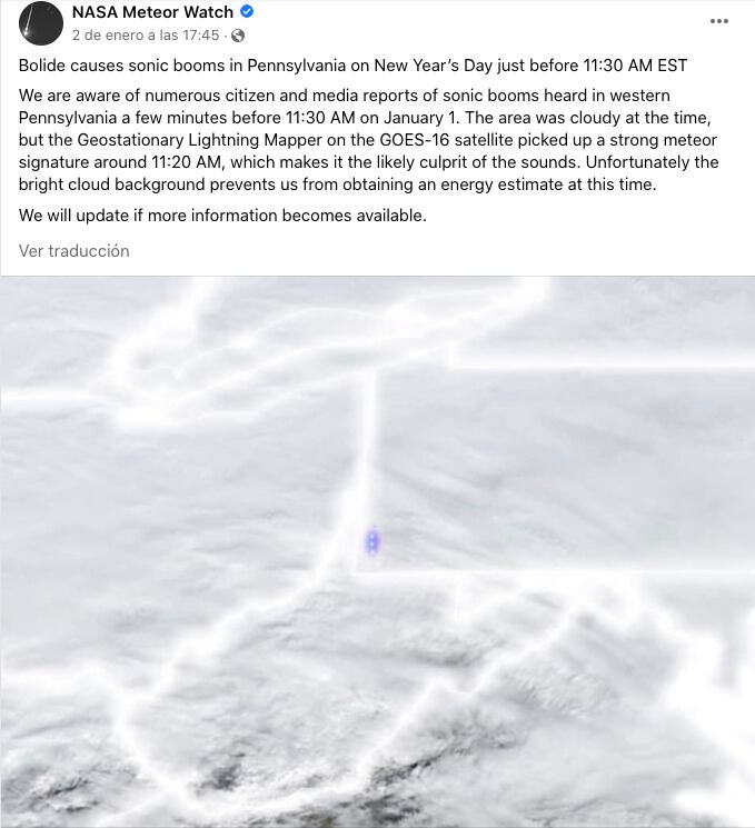 La NASA informa sobre la explosión de un meteorito