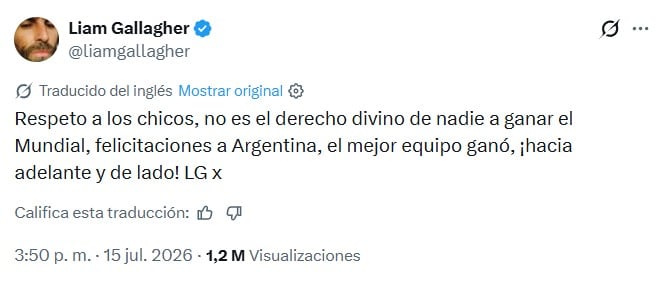 Liam Gallagher felicita a Argentina con un nudo en la garganta tras derrota de Inglaterra