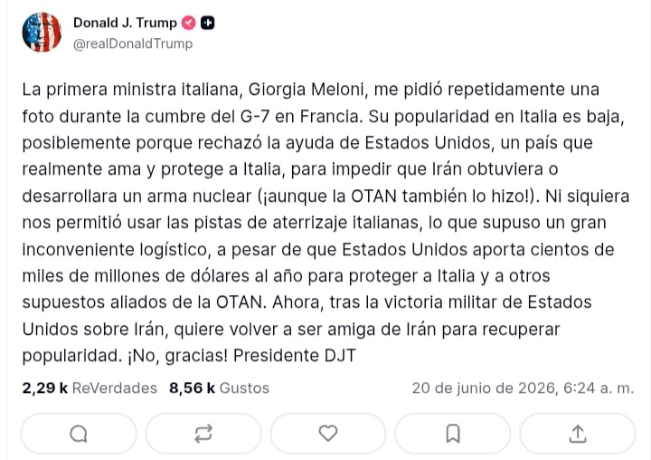 Donald Trump arremete contra Giorgia Meloni tras polémica por foto en el G7