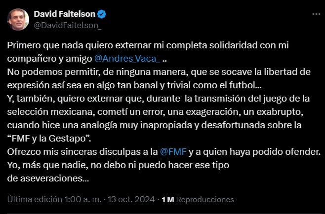 David Faitelson pide disculpas a la FMF.