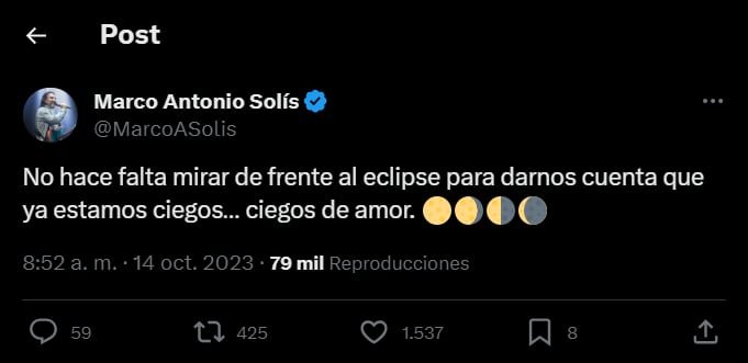 Un romántico Marco Antonio Solís surge durante el eclipse solar