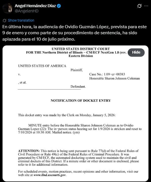 Ovidio Guzmán: se aplaza audiencia de sentencia hasta julio