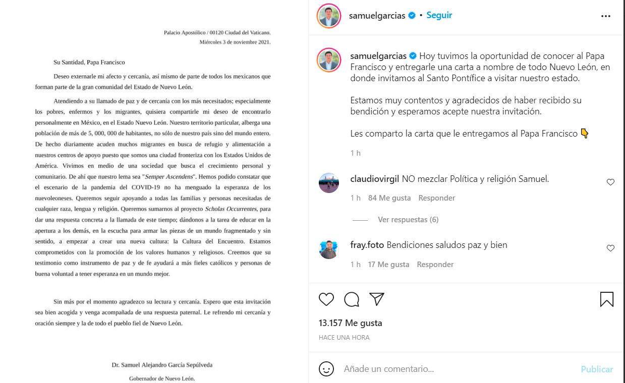 Captura de pantalla de Instagram de la carta al Papa Francisco de Samuel García