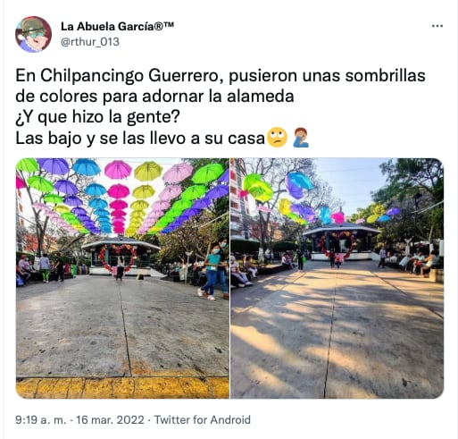 denuncian robo de sombrillas de colores en un Kiosco en Chilpancingo, Guerrero/Twitter