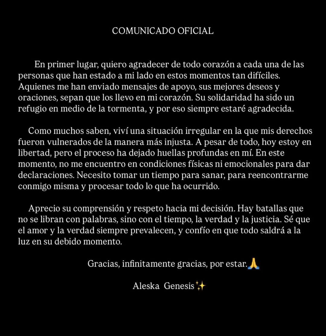 Comunicado sobre Aleska Génesis al ser puesta en libertad provisional.