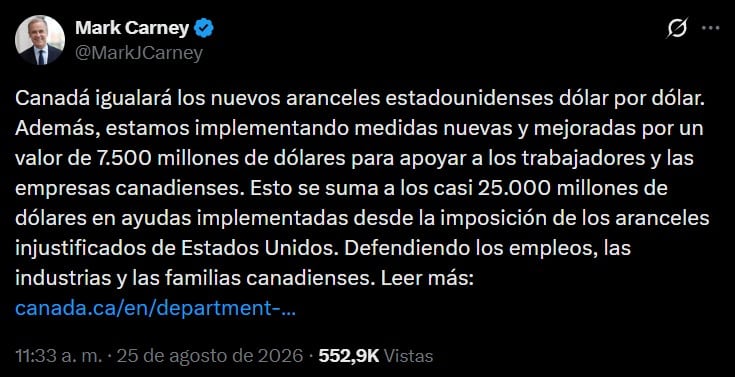 Mark Carney anuncia represalias contra Estados Unidos “dólar por dólar”