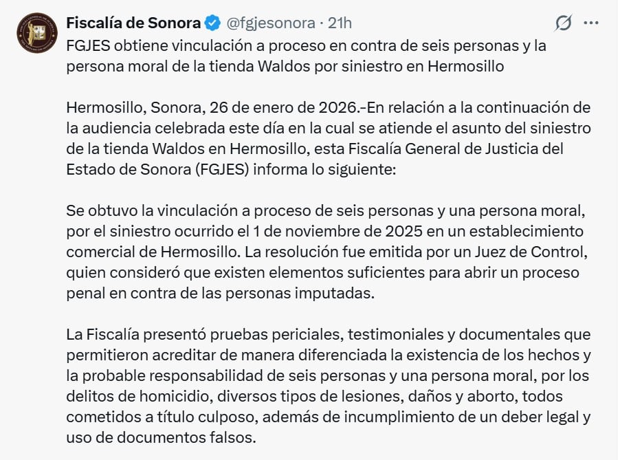 Fiscalía de Sonora sobre vinculación a proceso por caso Waldo's Hermosillo