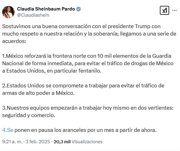 Tuits de Claudia Sheinbaum en el que anuncia pausa de aranceles