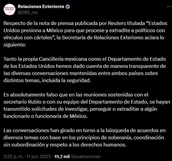 Estados Unidos estaría presionando al gobierno de México por políticos vinculados al narcotráfico, según Reuters; Secretaría de Relaciones Exteriores desmintió