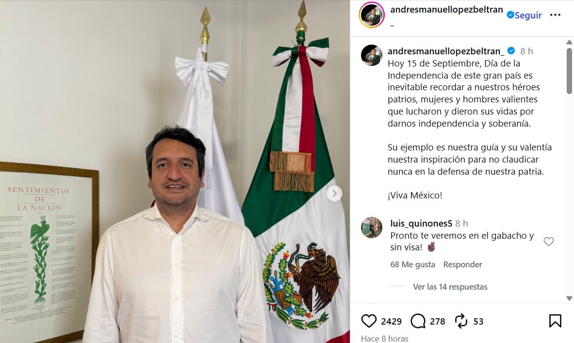 López Beltrán celebra la soberanía de México en el Grito de Independencia