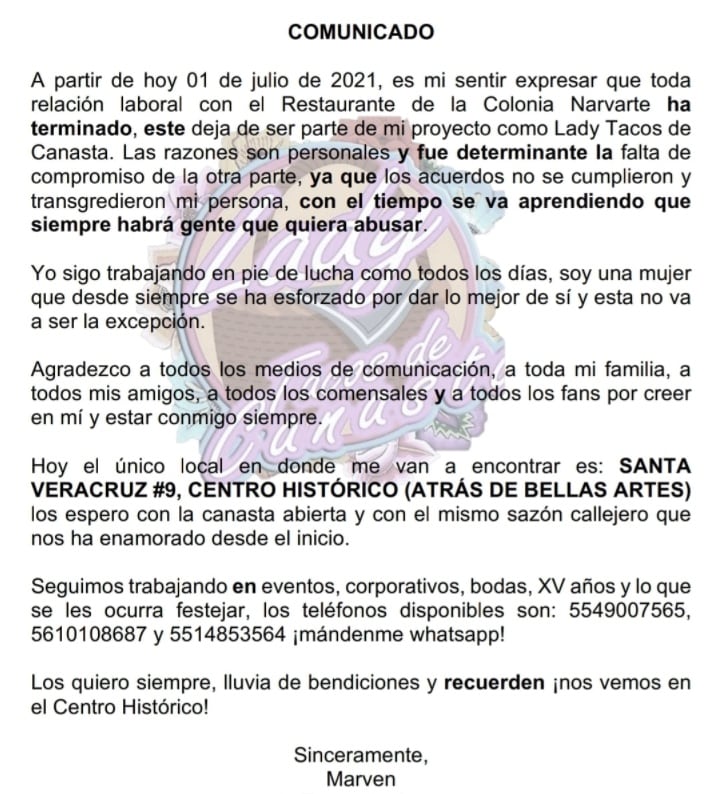 Comunicado Lady Tacos de Canasta