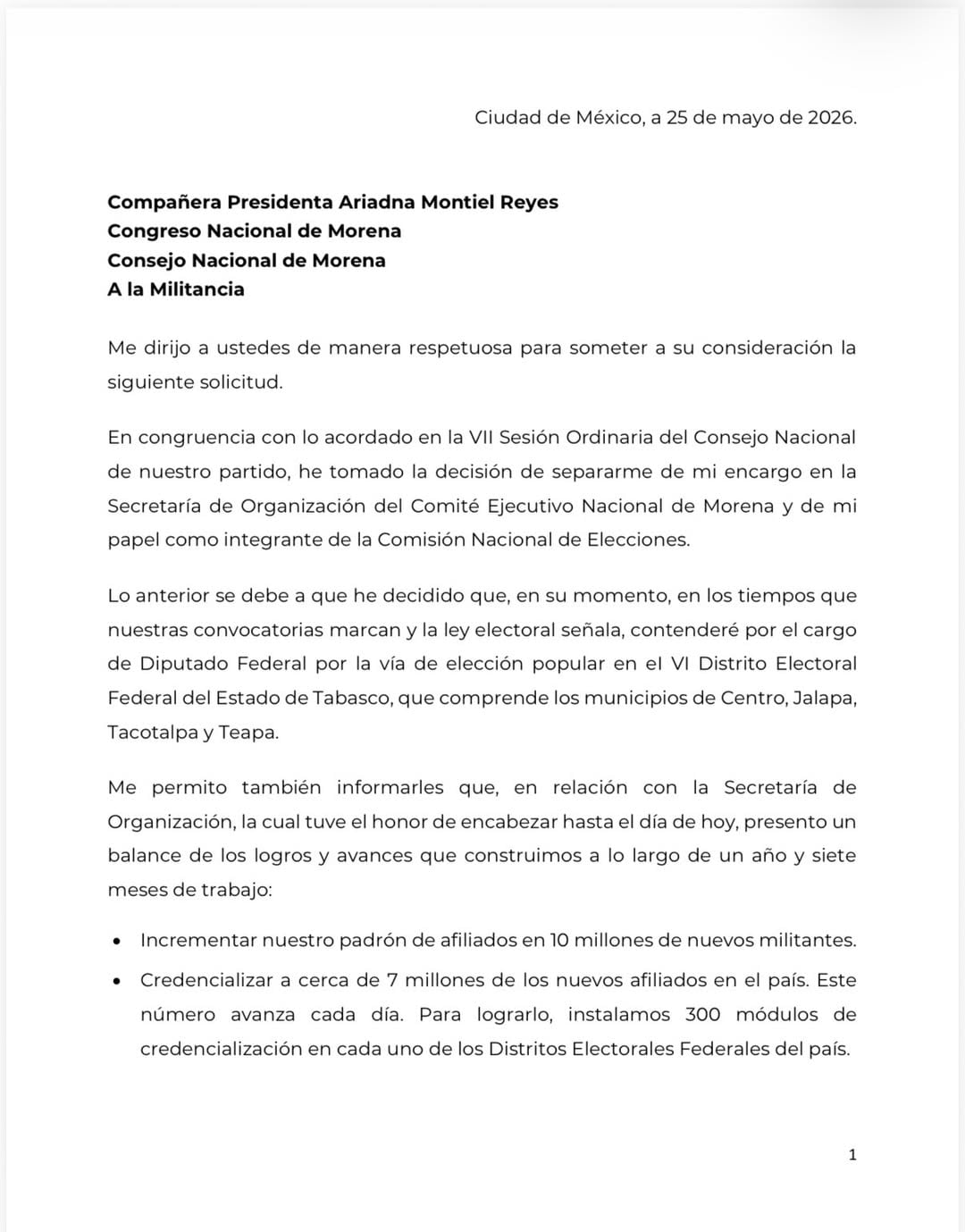 Andrés Manuel López Beltrán renuncia a Morena; buscará diputación federal