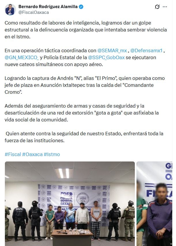 Cae El Primo de Comandante Cromo durante operativo en Oaxaca