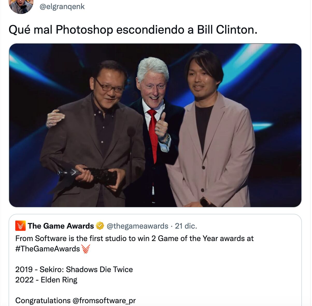 The Game Awards 2022 desata memes al querer borrar al colado que agradeció a Bill Clinton