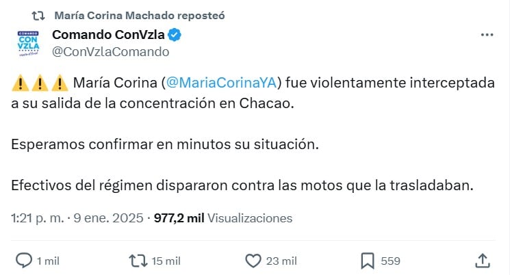 María Corina Machado, opositora en Venezuela fue interceptada