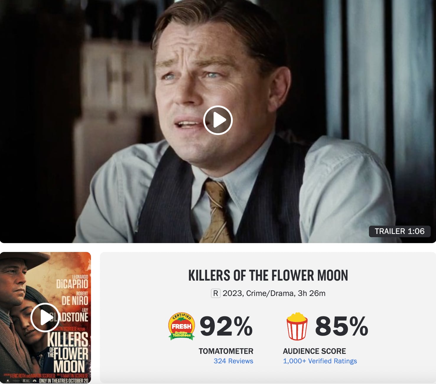 Los Asesinos de la Luna calificación en Rotten Tomatoes