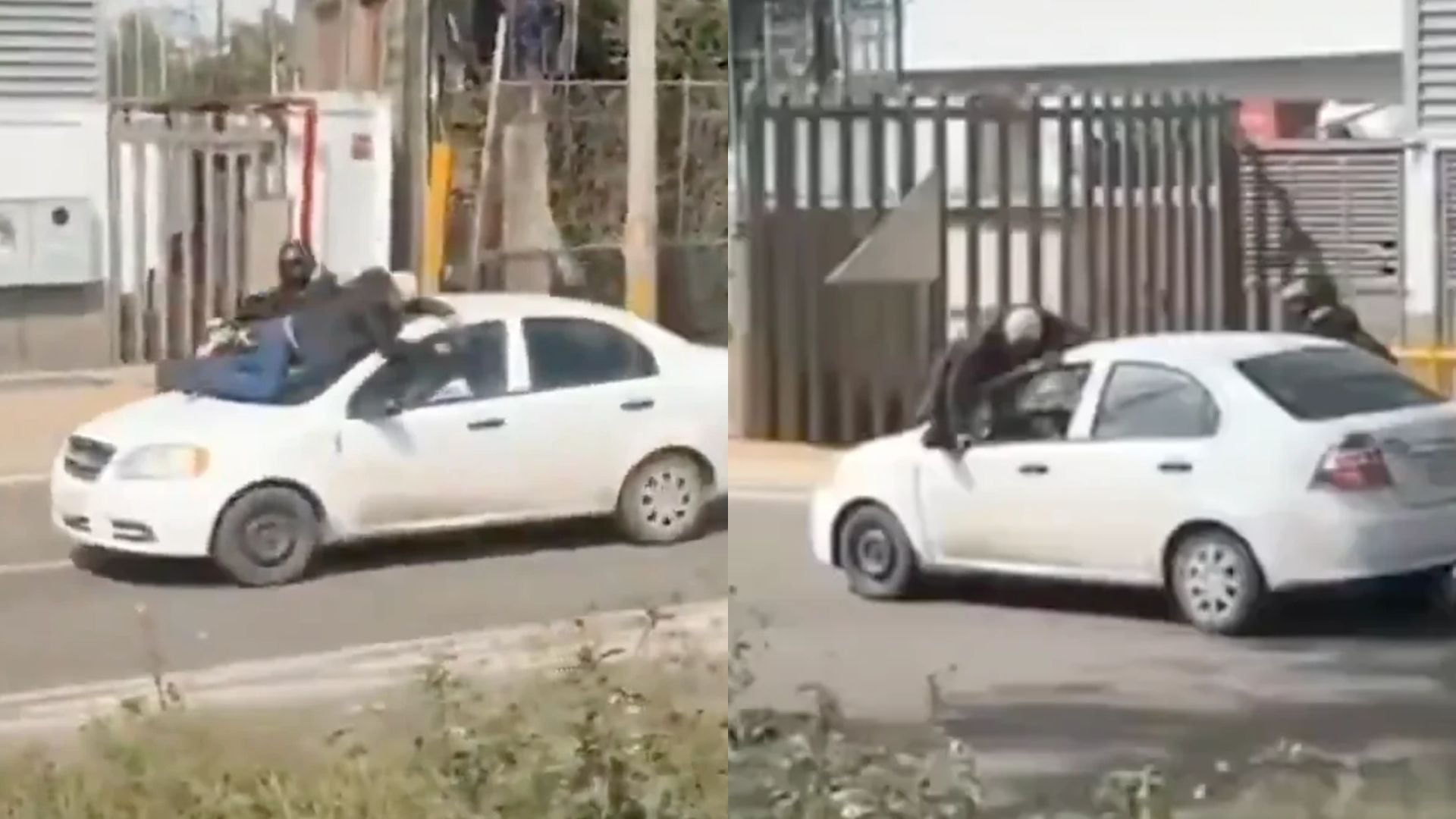 Hombre sobre el cofre de un automóvil en movimiento