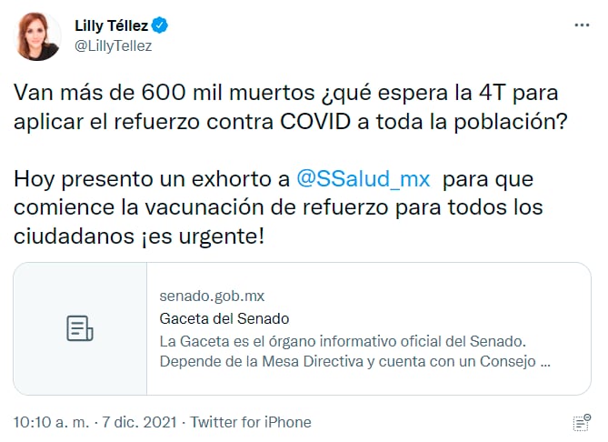 Tuit de Lilly Téllez presentará exhorto para vacunación para todos/@LillyTellez