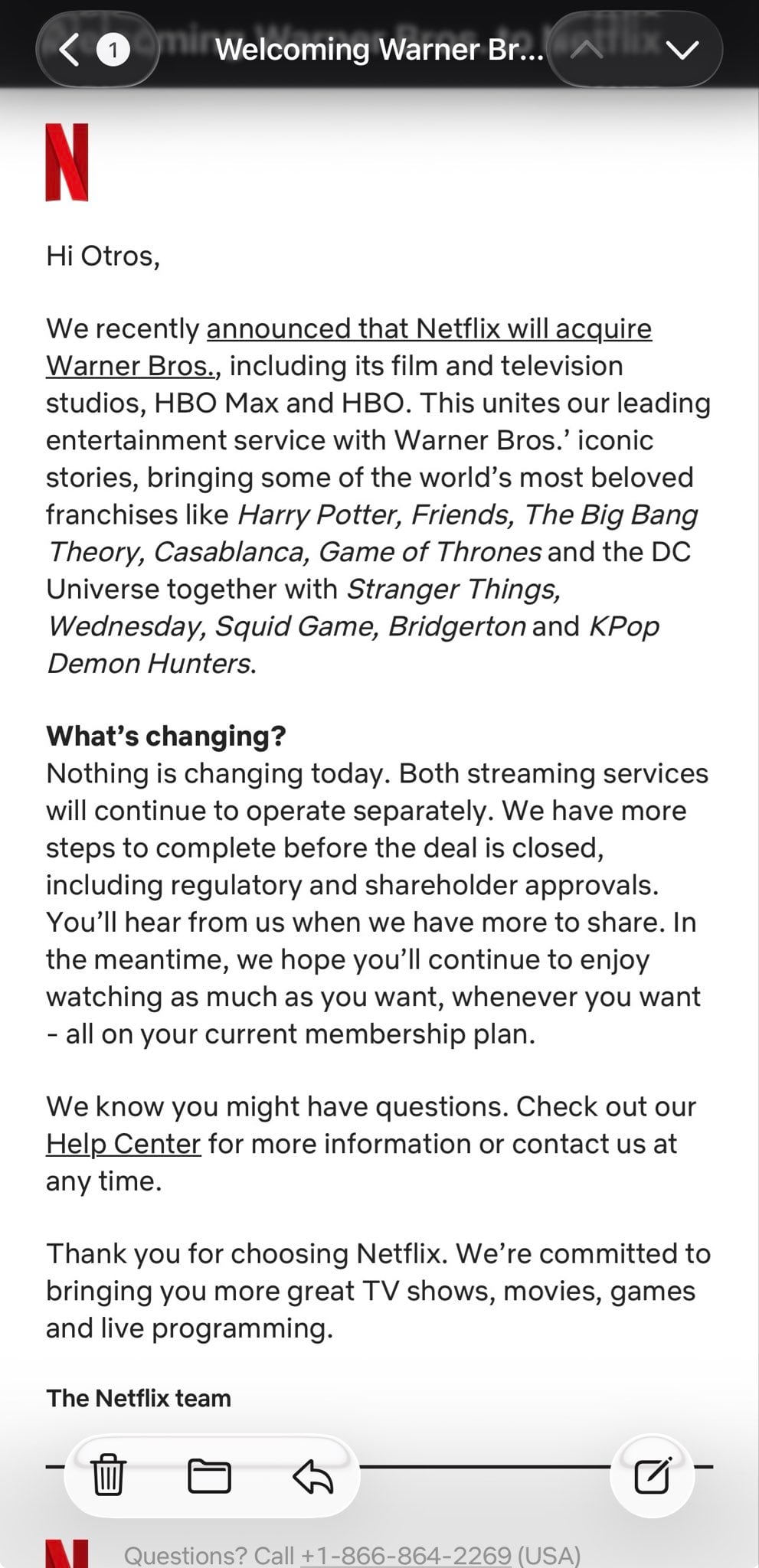 Correo Netflix por la compra de Warner Bros.