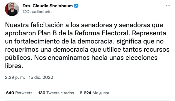 Claudia Sheinbaum felicita a senadores por aprobar la reforma electoral