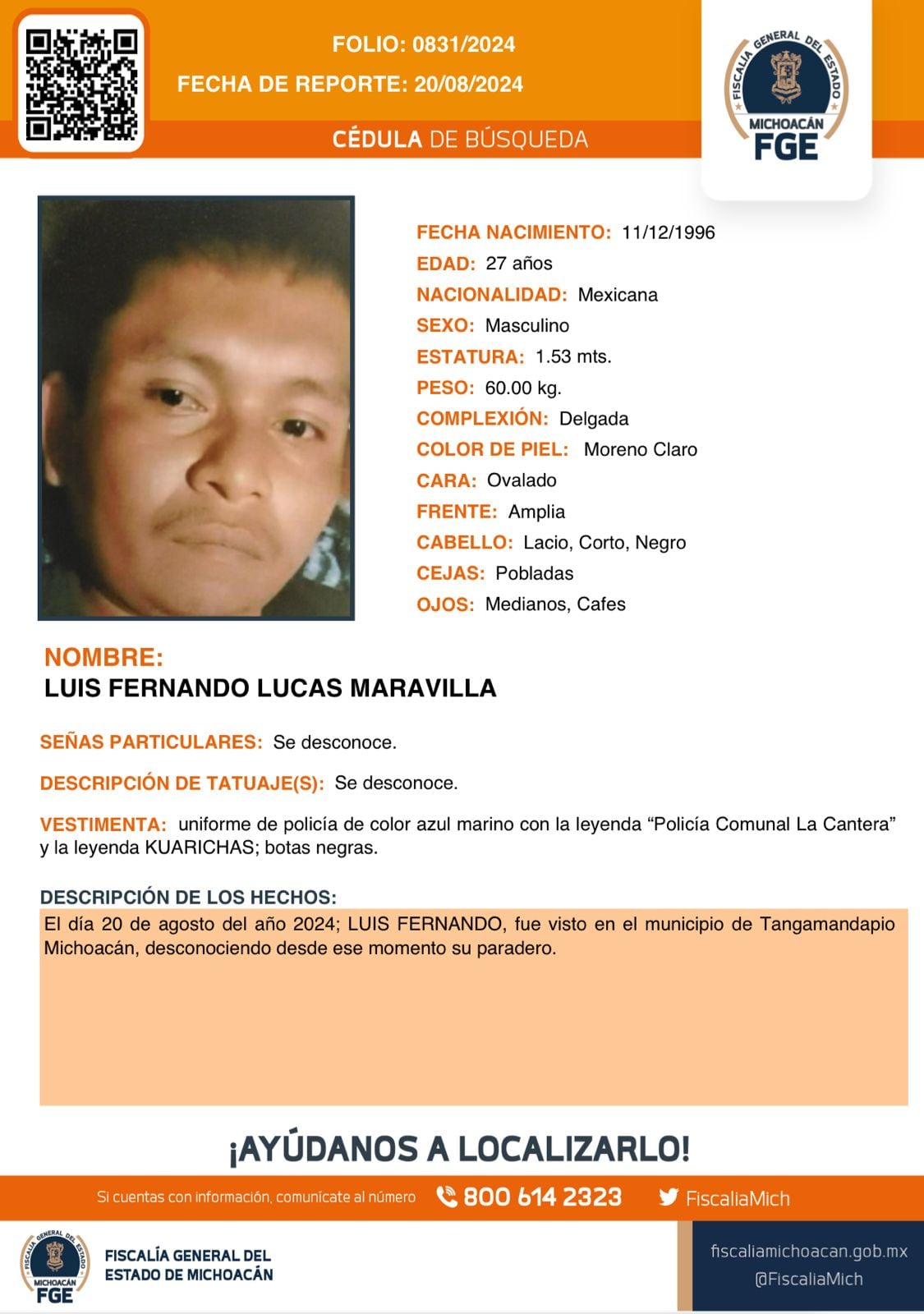 Ficha de búsqueda de policía comunal desaparecido en Tangamandapio, Michoacán