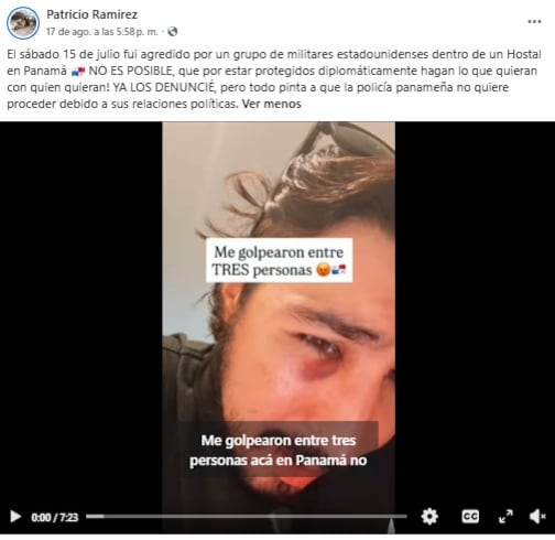 Patricio Ramírez denuncia golpiza de militares estadounidenses en Panamá; Comando Sur investiga