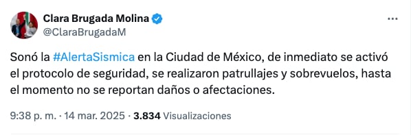 Clara Brugada descarta daños por sismo de hoy 14 de marzo