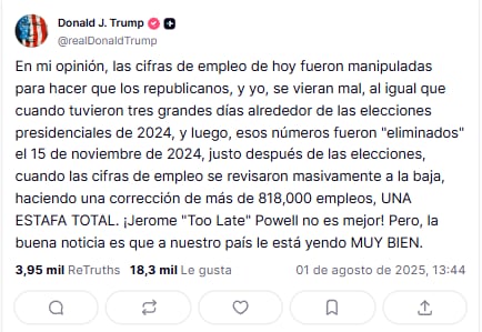 Donald Trump jura que las cifras de empleo fueron manipuladas