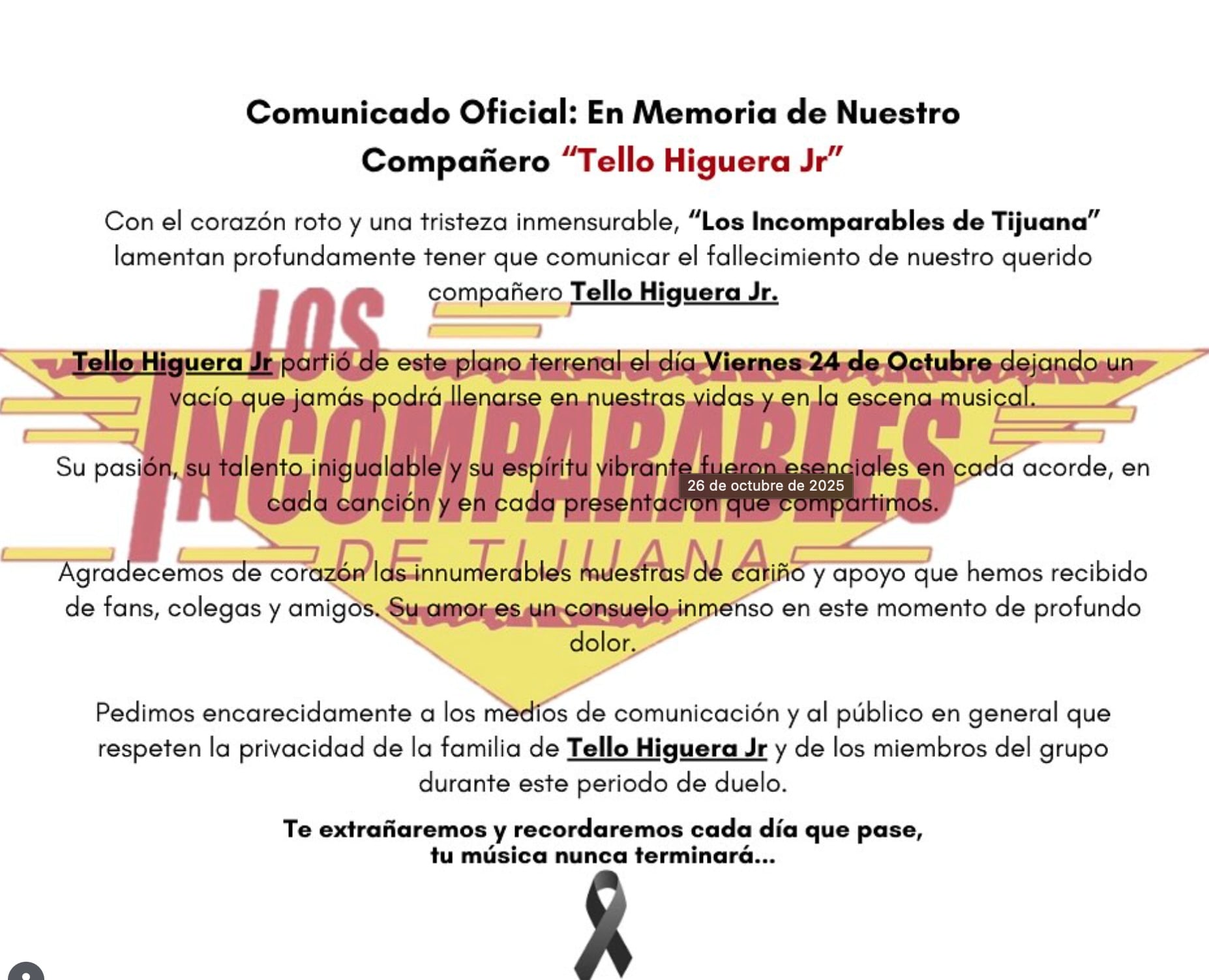 Los Incomparables de Tijuana comparten mensaje tras la muerte de Tello Higuera Jr.