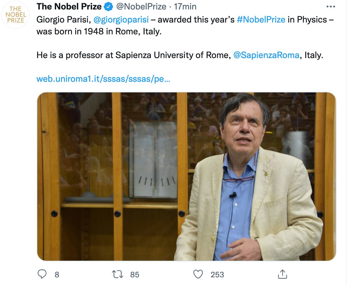 Giorgio Parisi, ganador del Premio Nobel de Física 2021