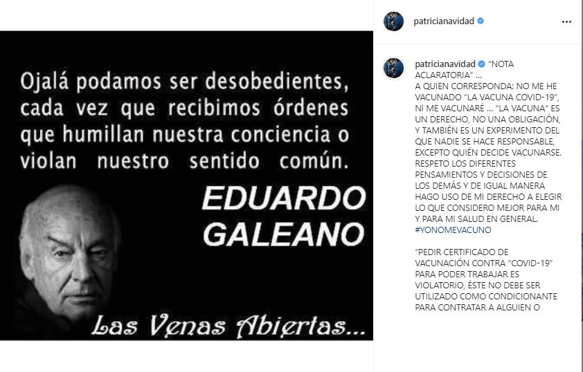 Instagram; Paty Navidad niega vacunarse contra el Covid-19.