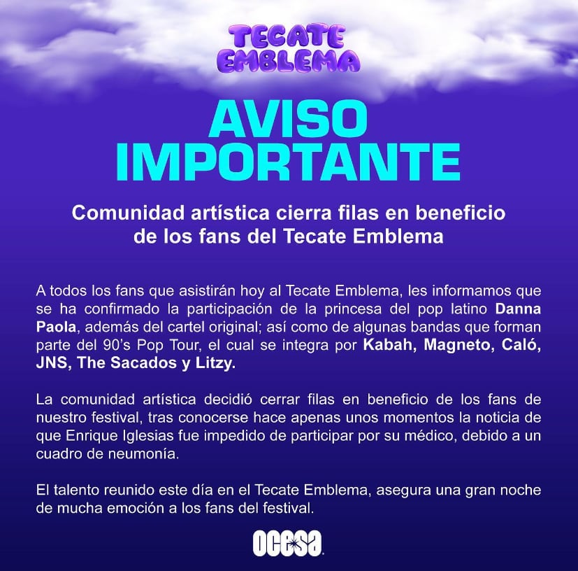 Comunicado de Ocesa anunciando a Danna Paola en el Tecate Emblema por Enrique Iglesias