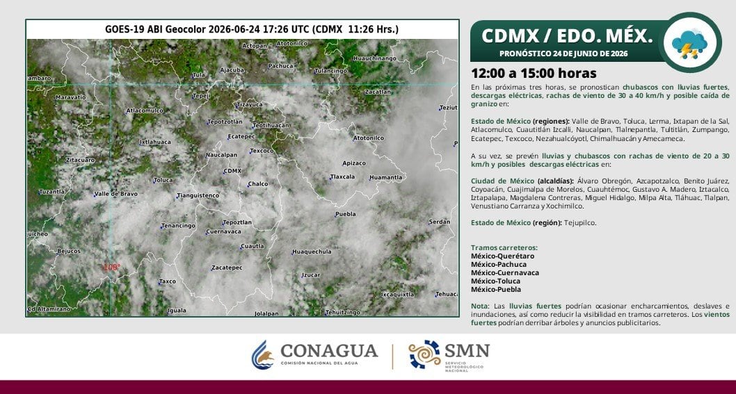 Reporte del SMN sobre el clima hasta las 3:00 pm del 24 de junio del 2026.
