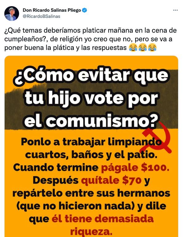 Ricardo Salinas Pliego pide sugerencias para conversar en su cena de cumpleaños