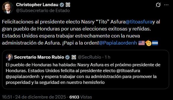 Las reacciones internacionales al triunfo de Nasry Asfura en Honduras
